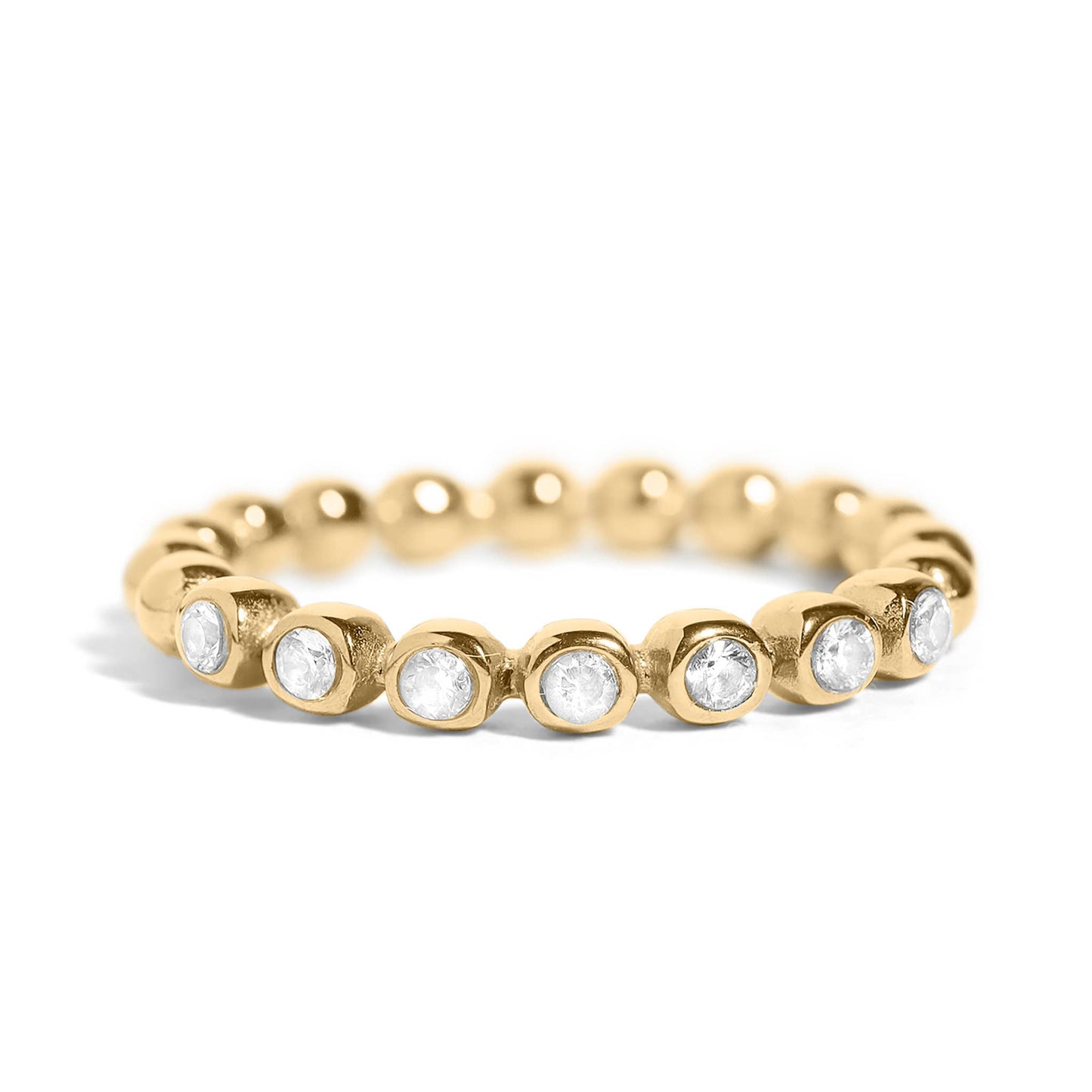 18k Gold PVD Coated Beaded Stainless Steel CZ Stacking Ring: Clear / 7