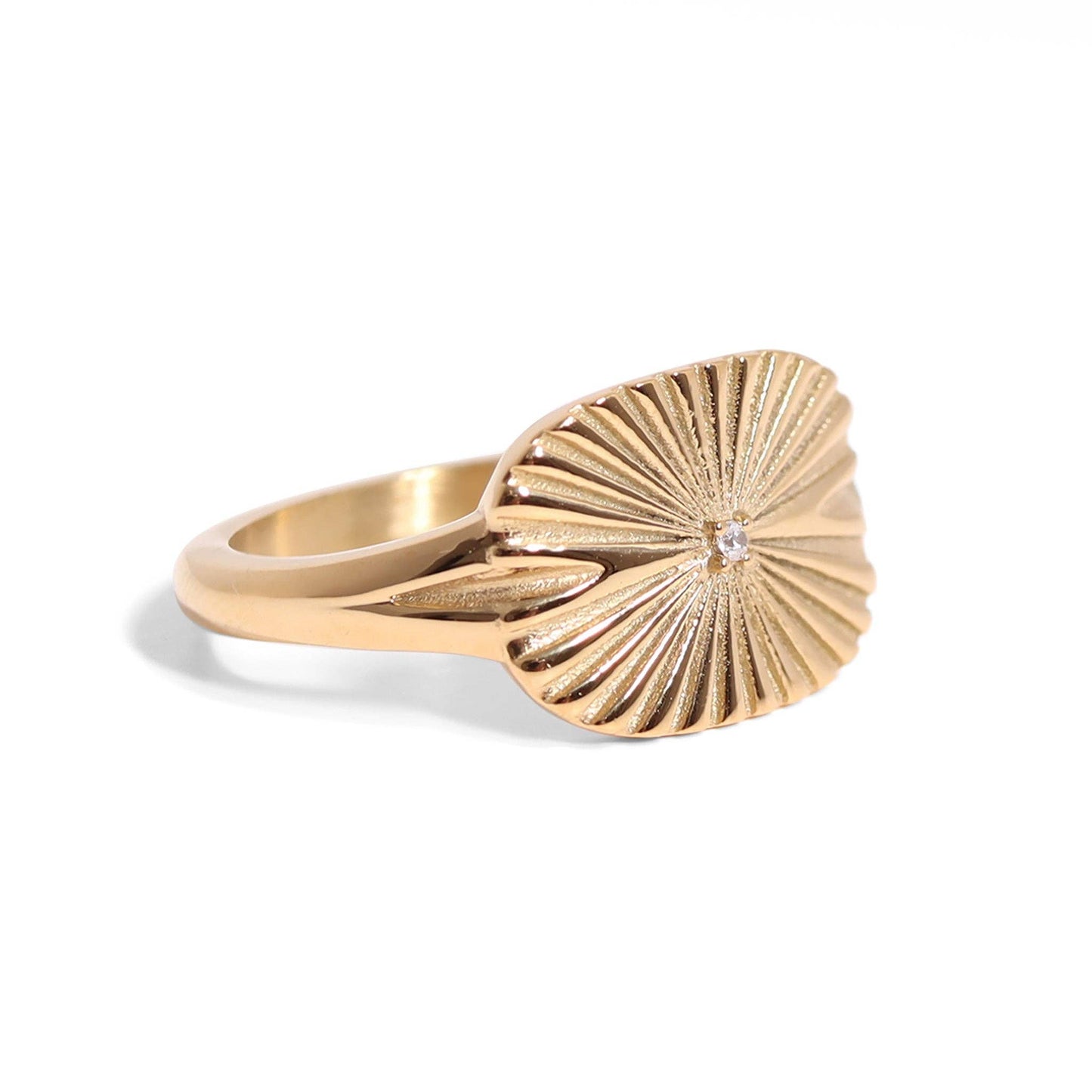 Gold Stainless Steel Cubic Zirconia Sunburst Rectangle Ring: Gold / 7