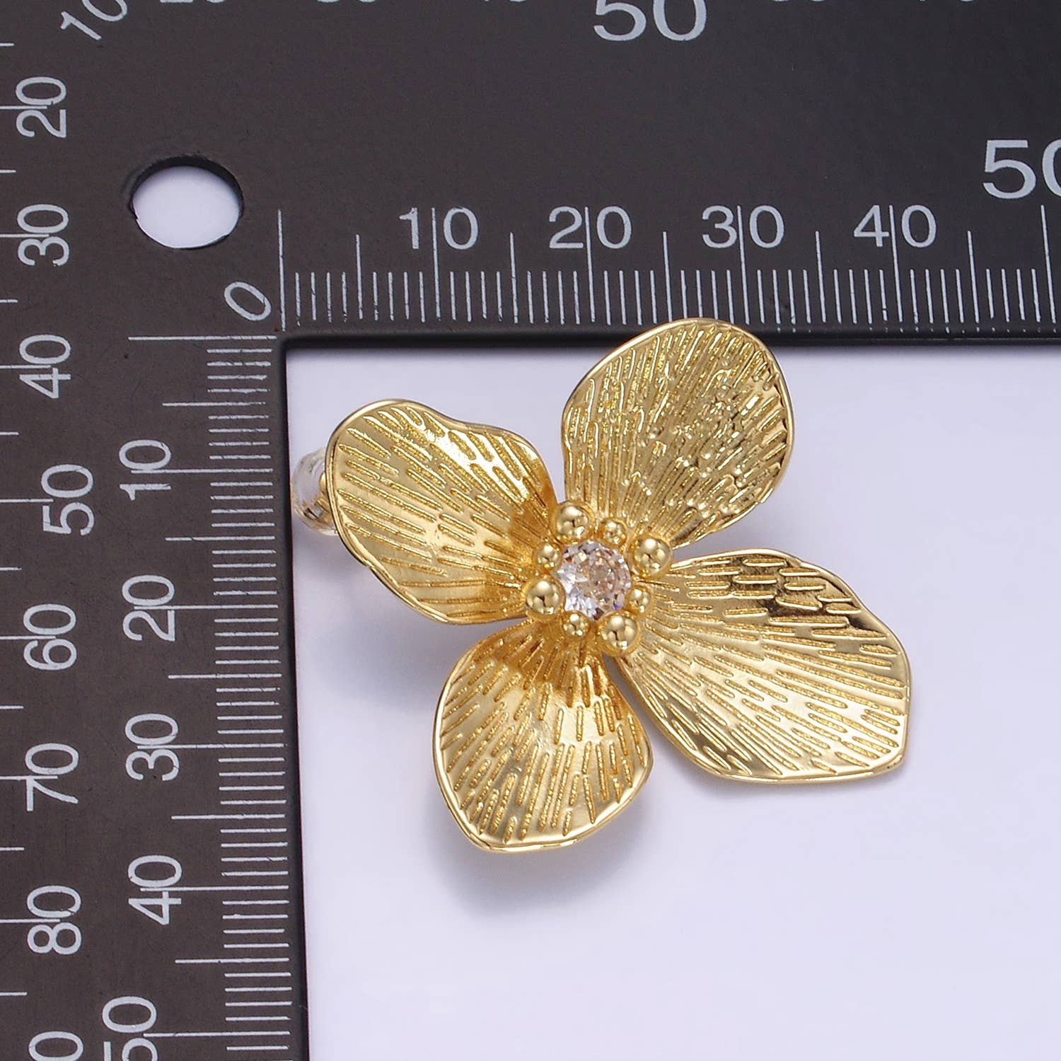 14K Gold Filled 40mm Clear CZ Line-Textured Flower Earrings
