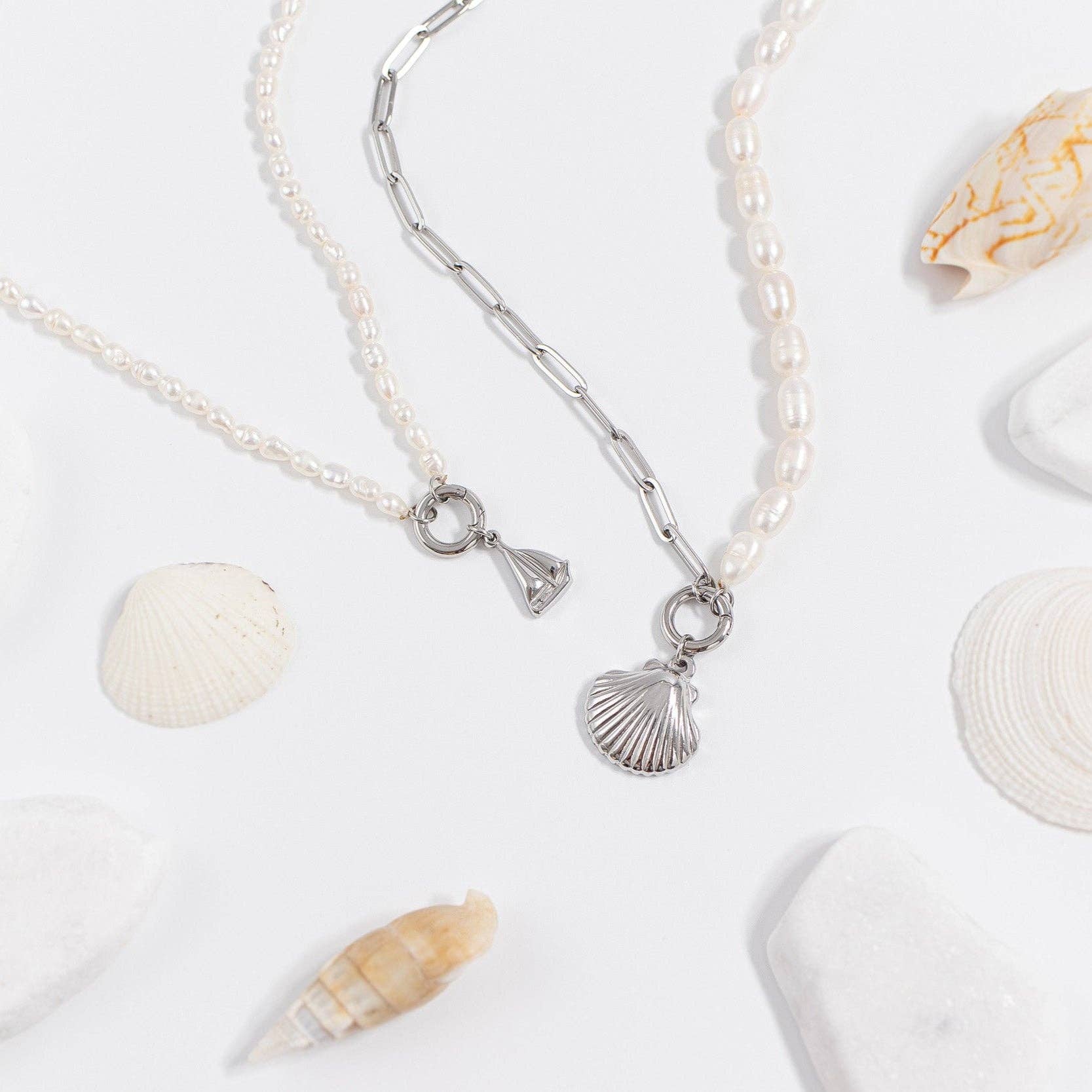 Freshwater Pearl Paperclip Split Chain Charm Holder Necklace: Gold