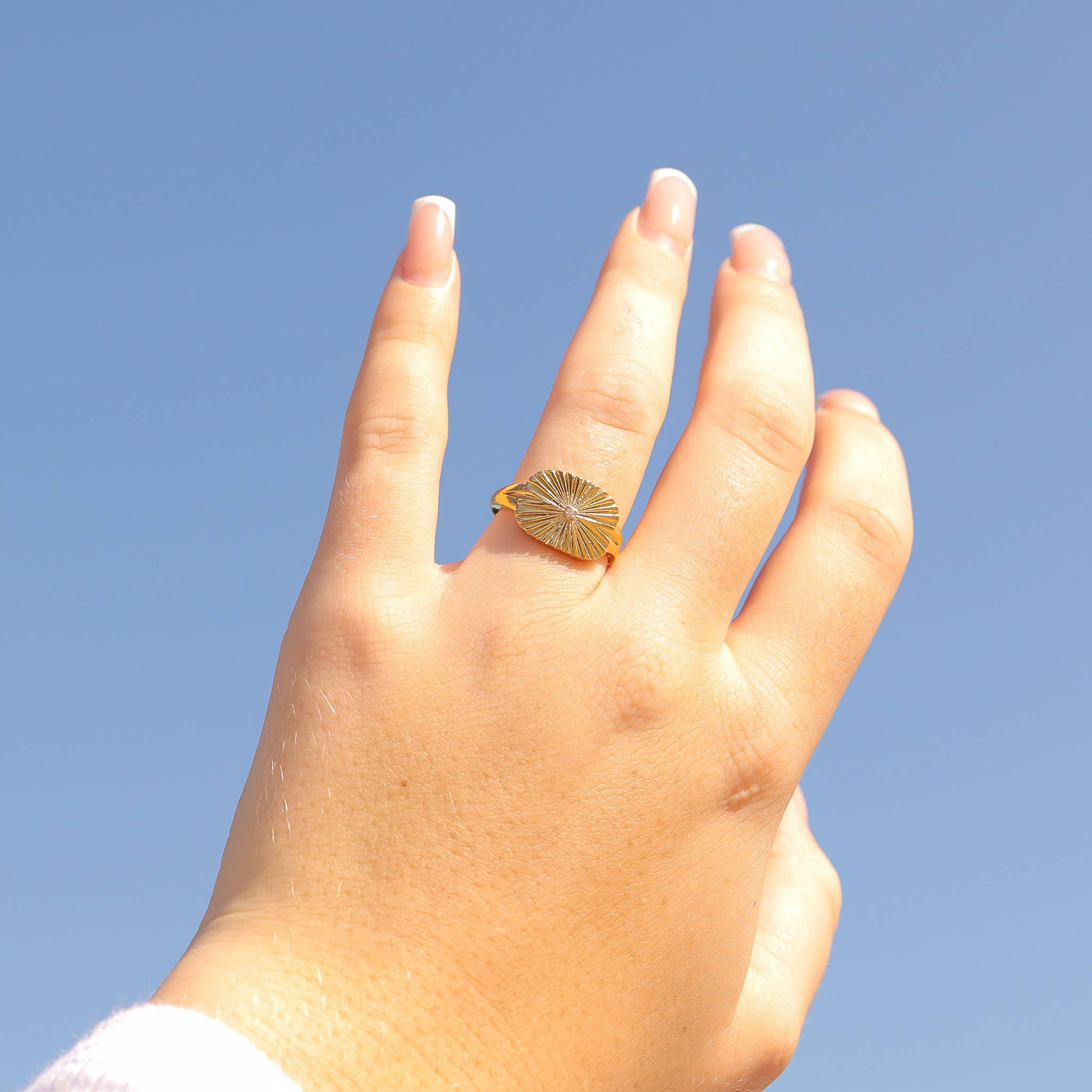 Gold Stainless Steel Cubic Zirconia Sunburst Rectangle Ring: Gold / 7