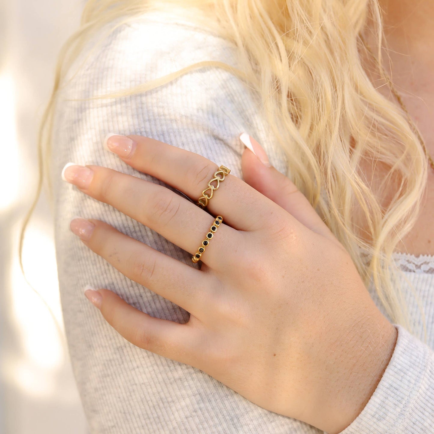 18k Gold PVD Coated Beaded Stainless Steel CZ Stacking Ring: Black / 7