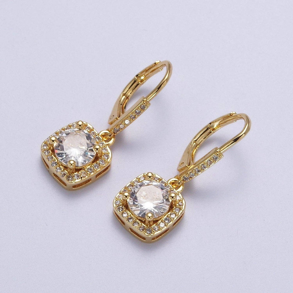 Gold Micro Paved Square Cubic Zirconia Hoop Charm Drop Earrings | Y074