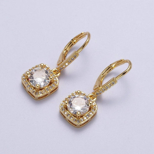 Gold Micro Paved Square Cubic Zirconia Hoop Charm Drop Earrings | Y074