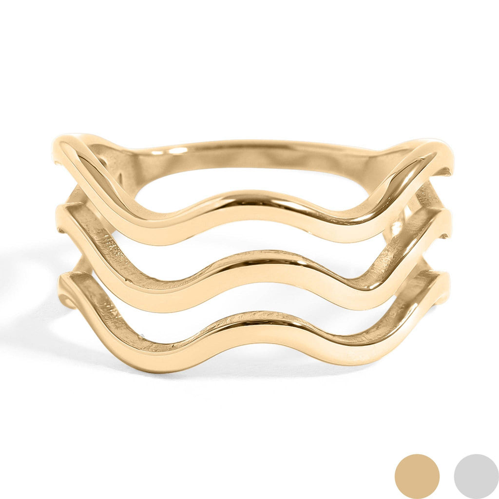 18K Gold PVD Stainless Steel Triple Wave Geometric Ring: Gold / 6