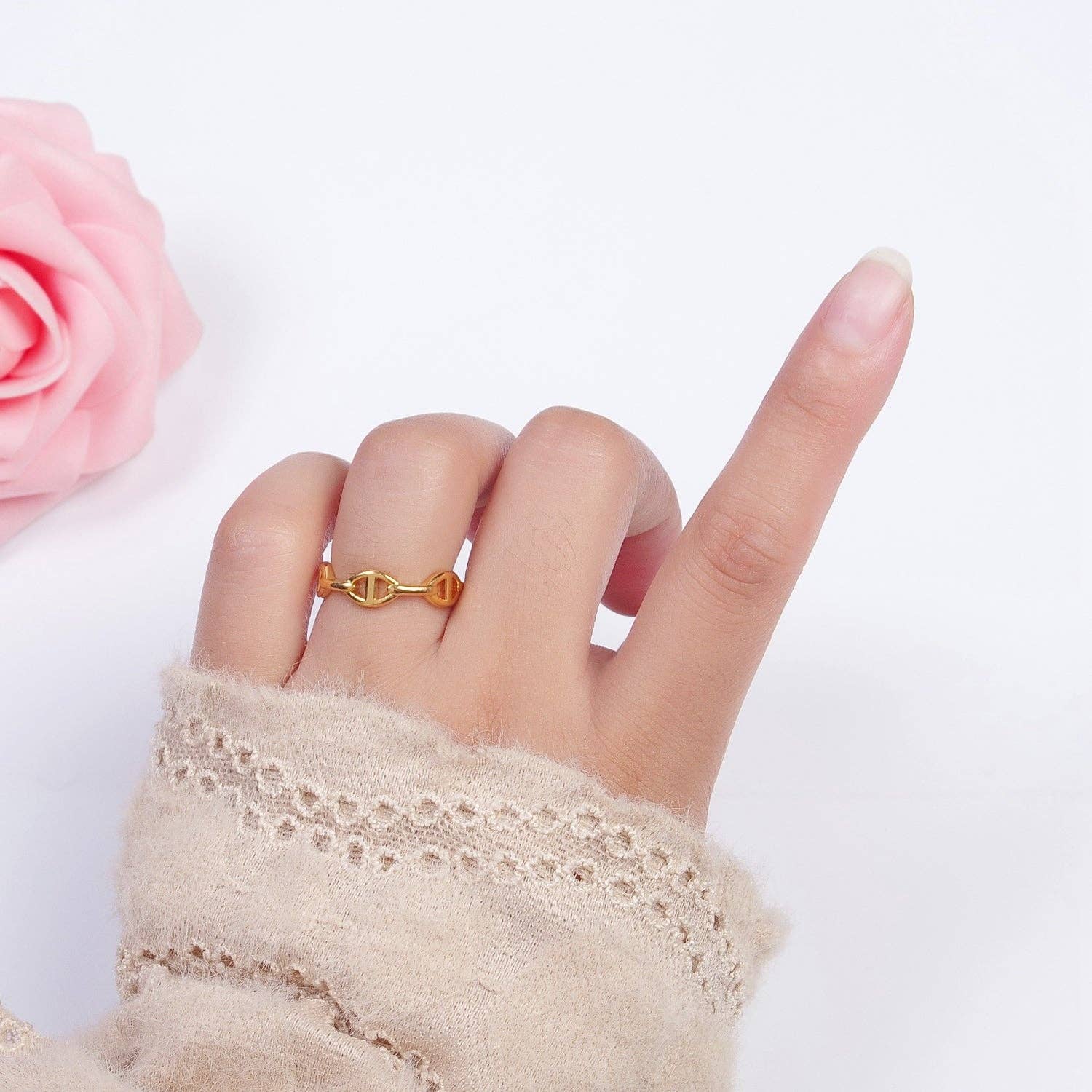 24K Gold Filled Anchor Mariner Chain Link Adjustable Gold Ring | X574
