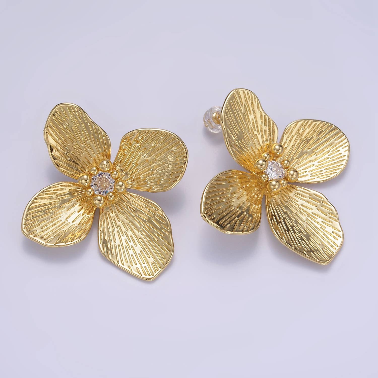 14K Gold Filled 40mm Clear CZ Line-Textured Flower Earrings