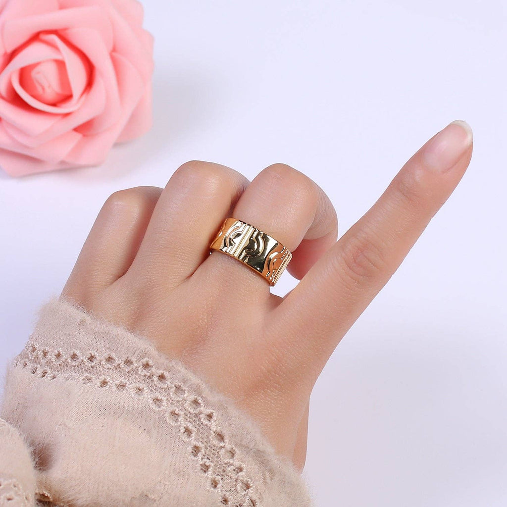24K Gold Filled Geometric Abstract Thick Rings, Carved Circle Statement Rings in Gold & Silver S-319: Gold