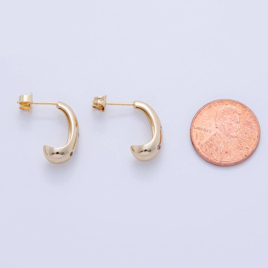 18K Gold Filled Clear CZ Dotted Dome J-Shaped Hoop Earrings | AI355