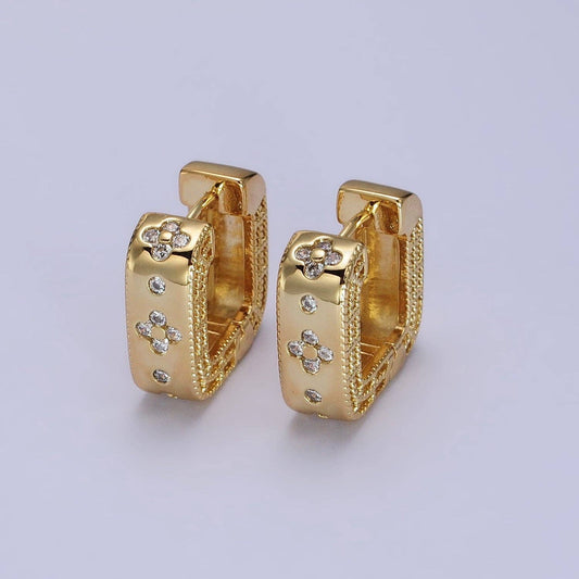 24K Gold Filled Clear Quatrefoil CZ Square Huggies Earrings | AB196