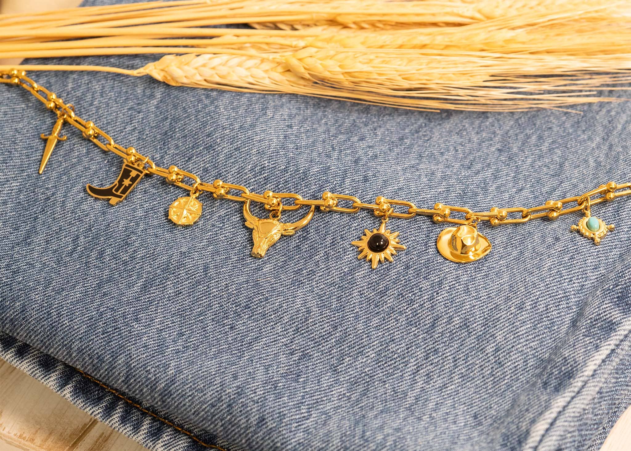 18K Gold PVD Stainless Steel Black Stone Sunflower Charm: Gold