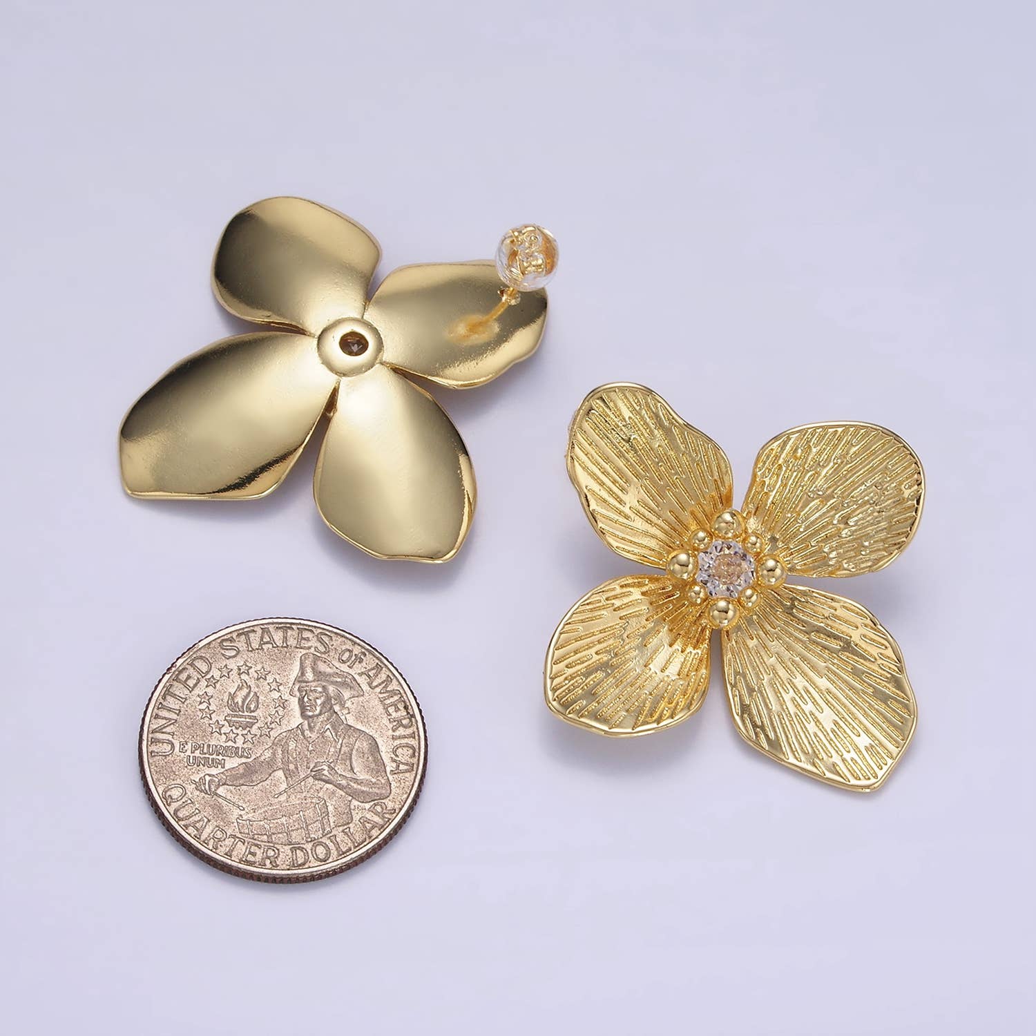 14K Gold Filled 40mm Clear CZ Line-Textured Flower Earrings