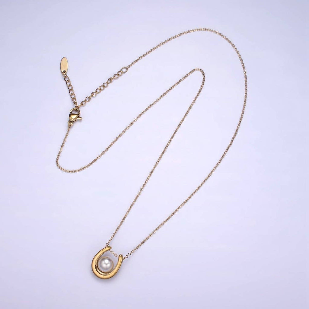 Stainless Steel Pearl Horseshoe Pendant Cable Chain 18 Inch Necklace w. 2 Inch Extender | WA-2546