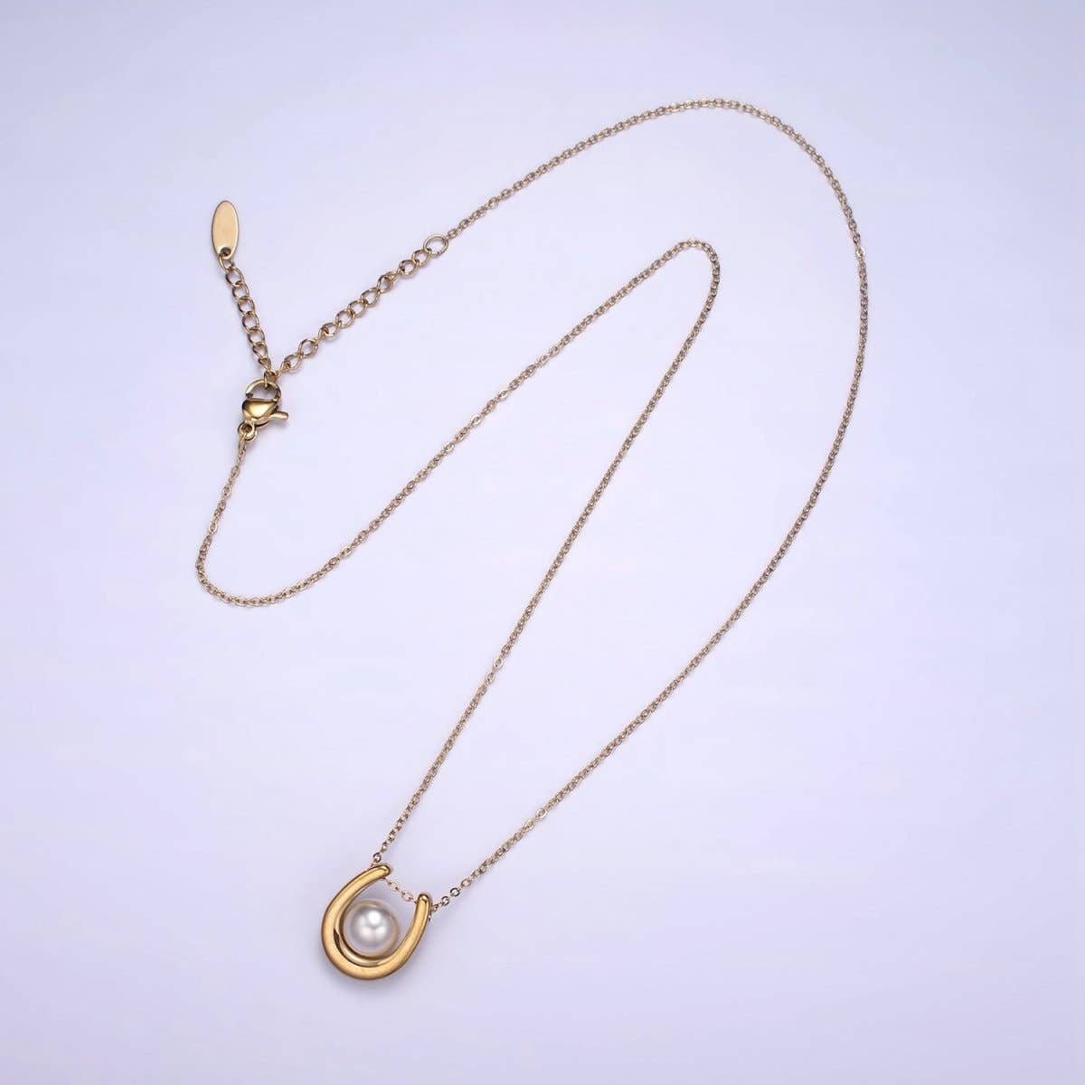 Stainless Steel Pearl Horseshoe Pendant Cable Chain 18 Inch Necklace w. 2 Inch Extender | WA-2546