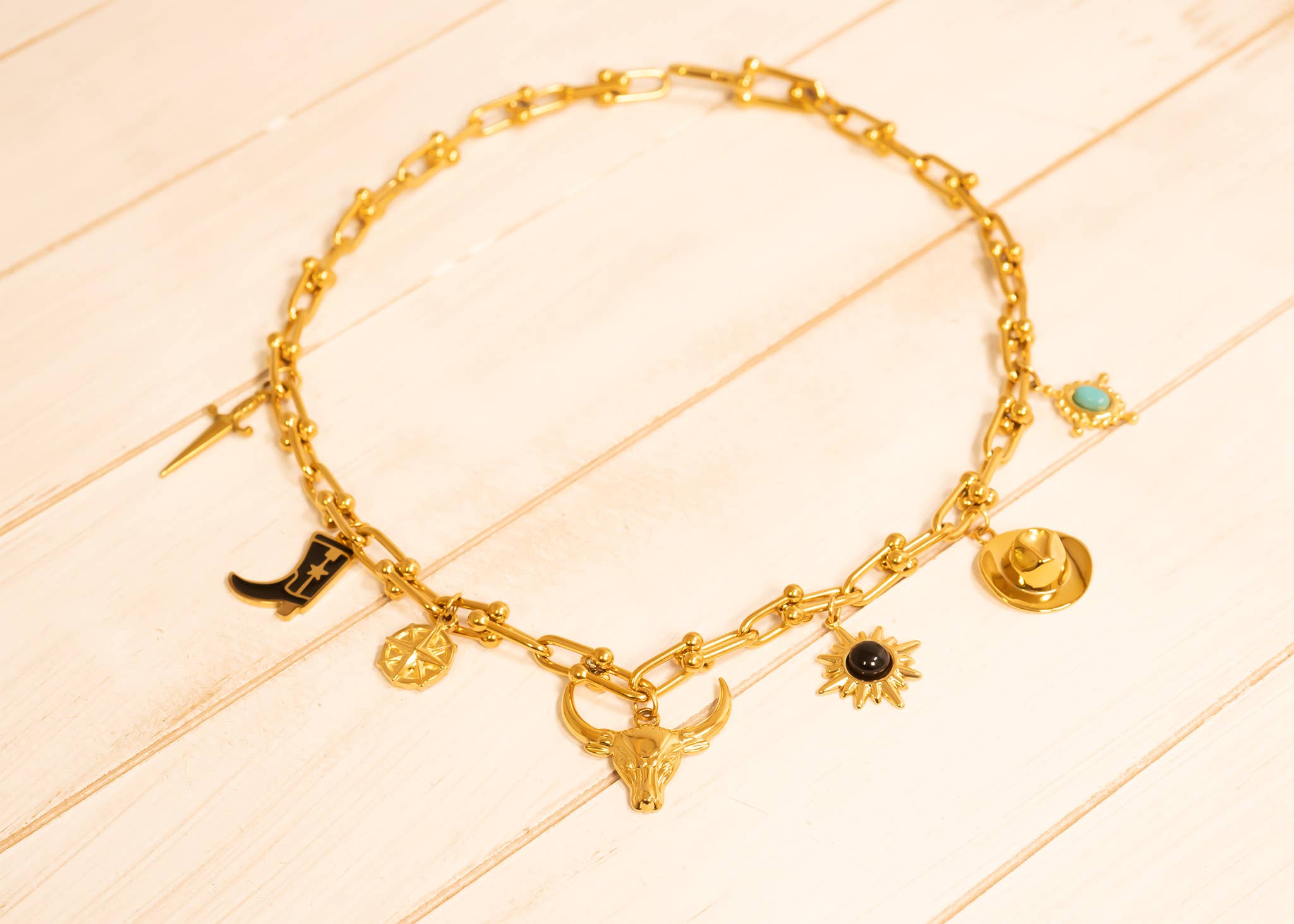 18K Gold PVD Stainless Steel Black Stone Sunflower Charm: Gold