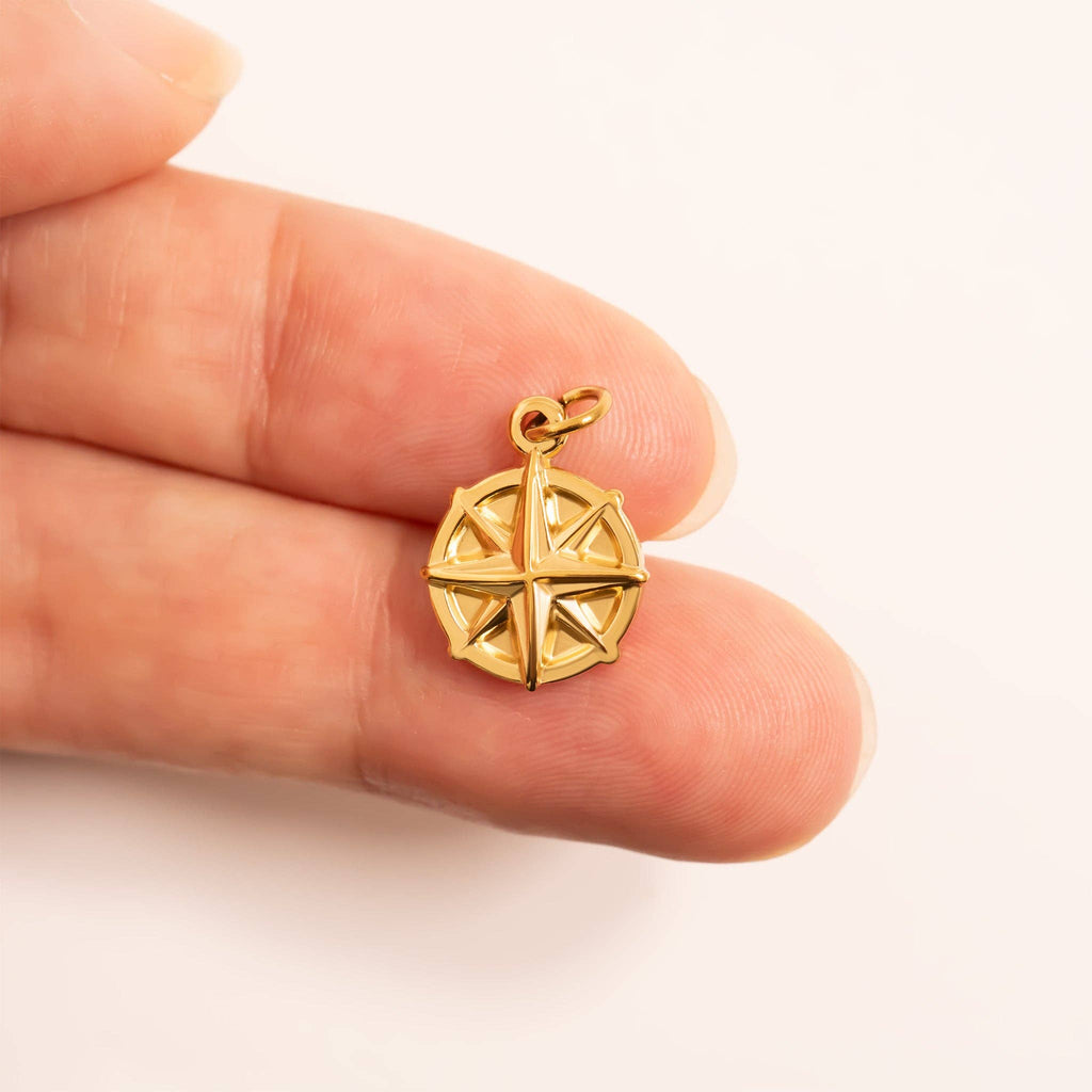 18K Gold PVD Stainless Steel Compass Charm: Gold