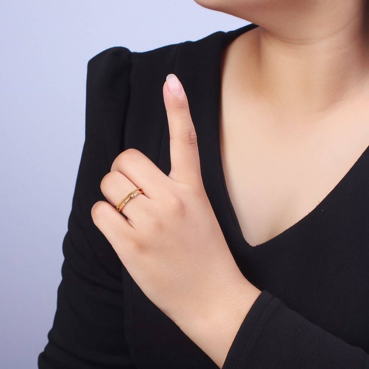 OS 24K Gold Filled Double Band Beaded & Clear Cubic Zirconia Stone Adjustable Gold Ring | U-030