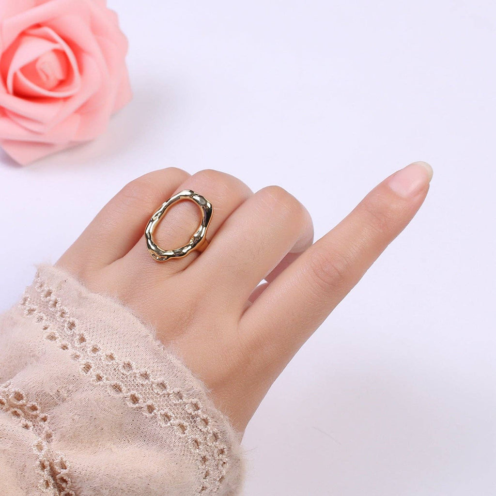 Simple Rustic Gold Oval Ring Hammered Chunky Geometric Jewel