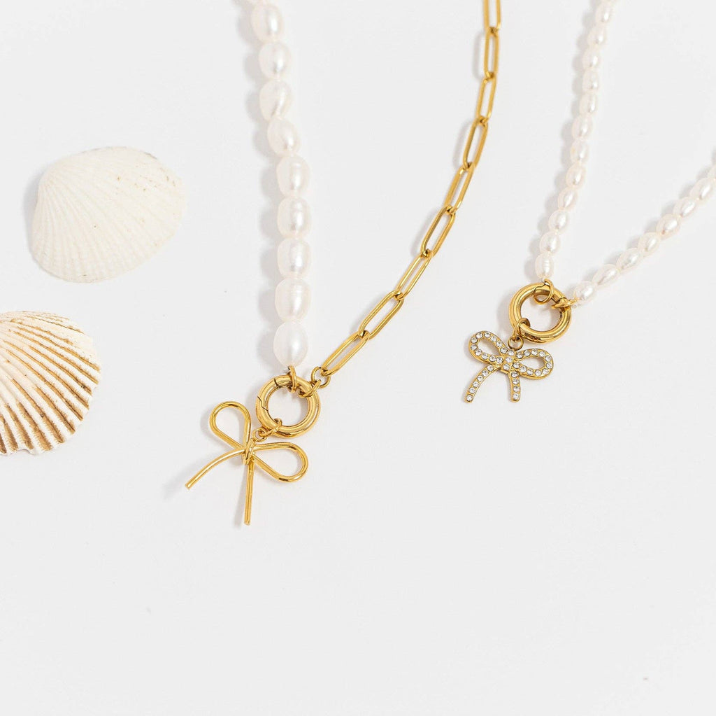 Freshwater Pearl Paperclip Split Chain Charm Holder Necklace: Gold