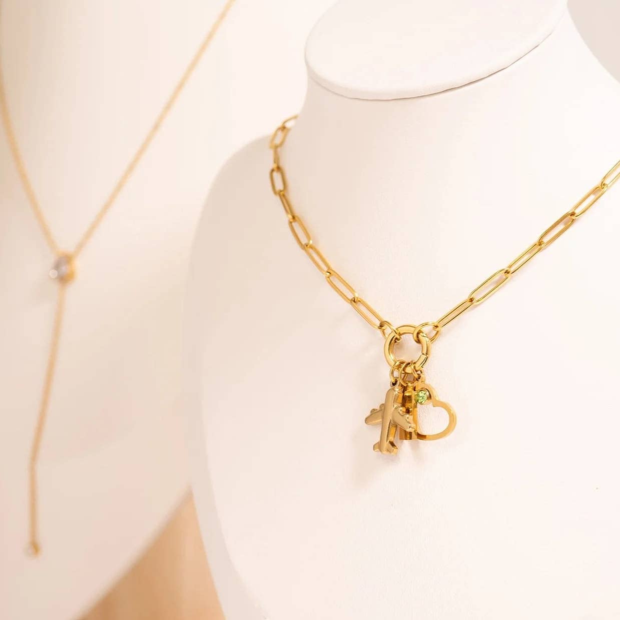 Stainless Steel Paperclip Carabiner Charm Holder Necklace: Gold / 16"+2"