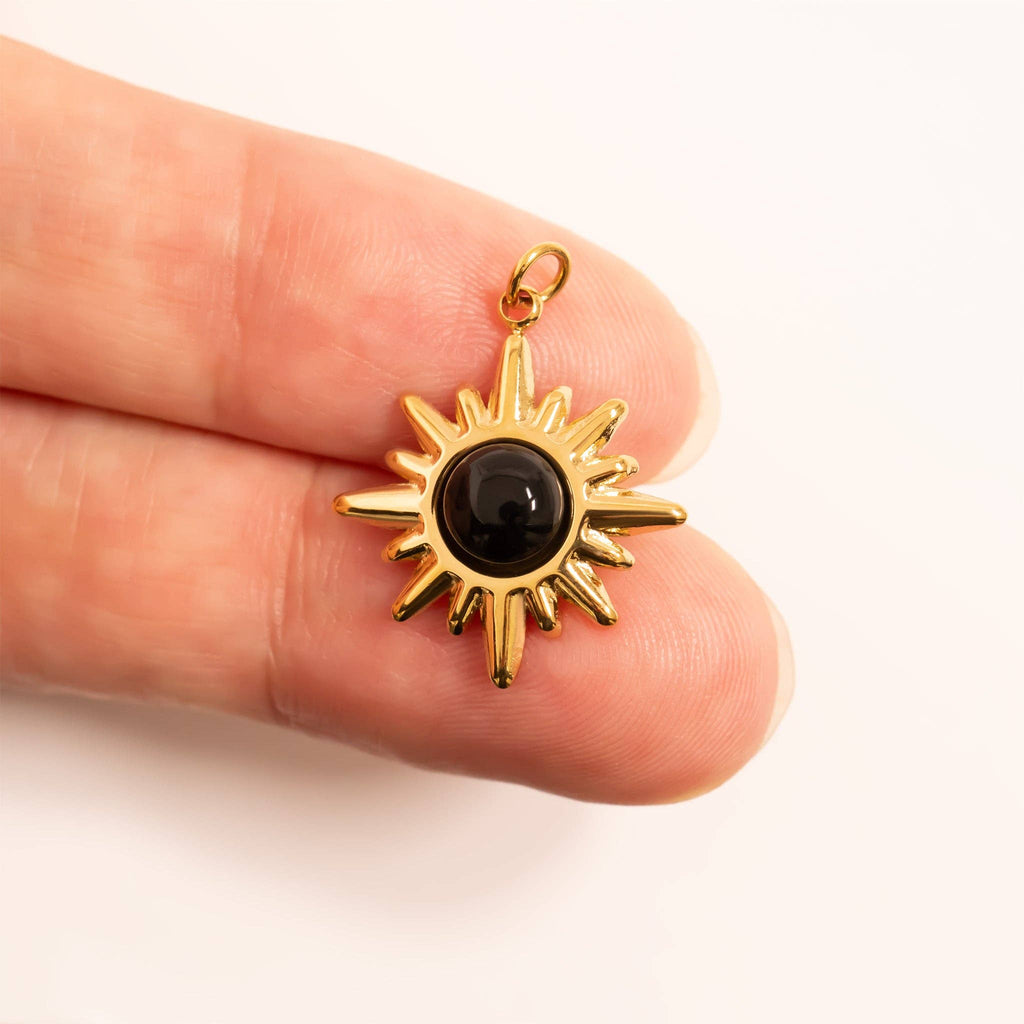 18K Gold PVD Stainless Steel Black Stone Sunflower Charm: Gold