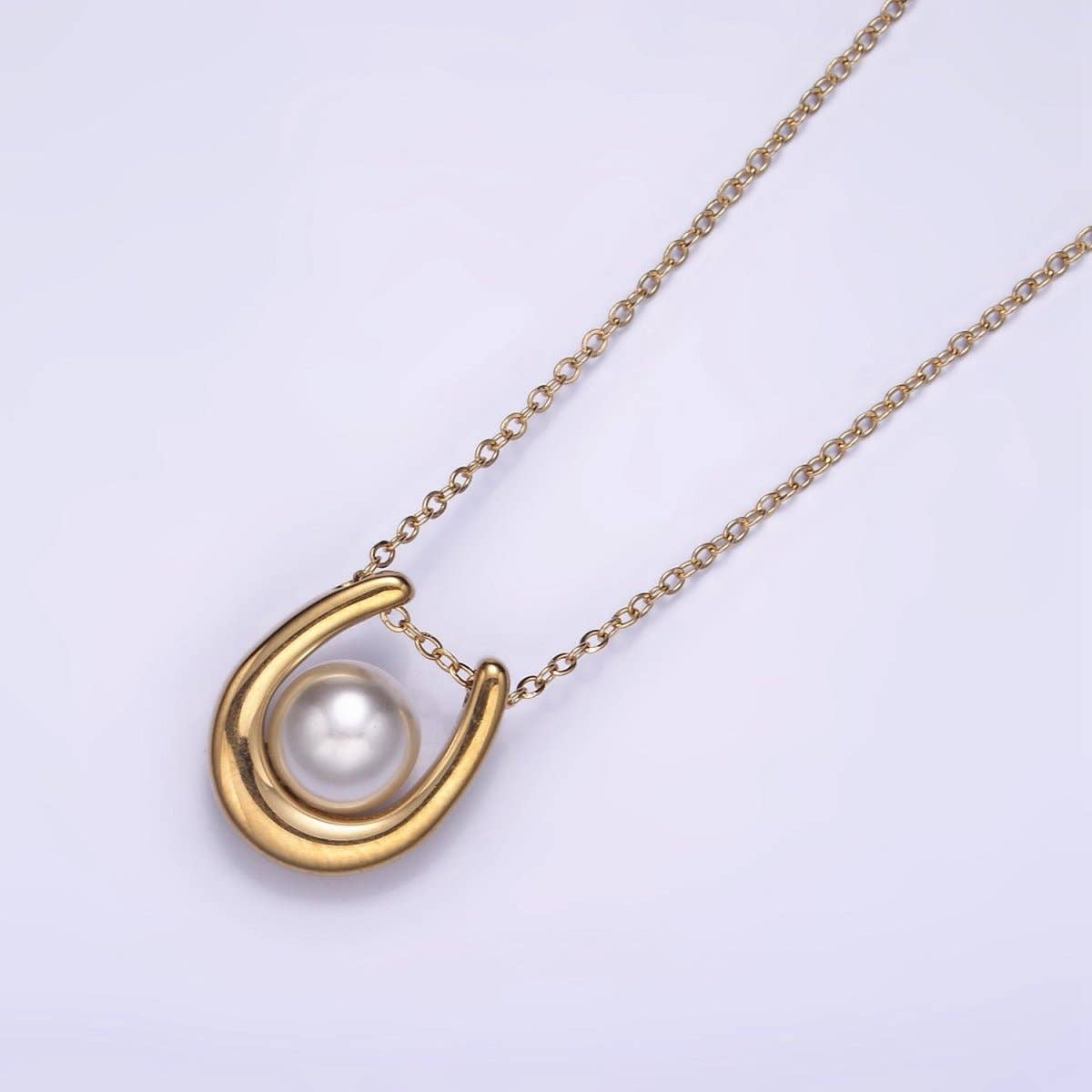 Stainless Steel Pearl Horseshoe Pendant Cable Chain 18 Inch Necklace w. 2 Inch Extender | WA-2546