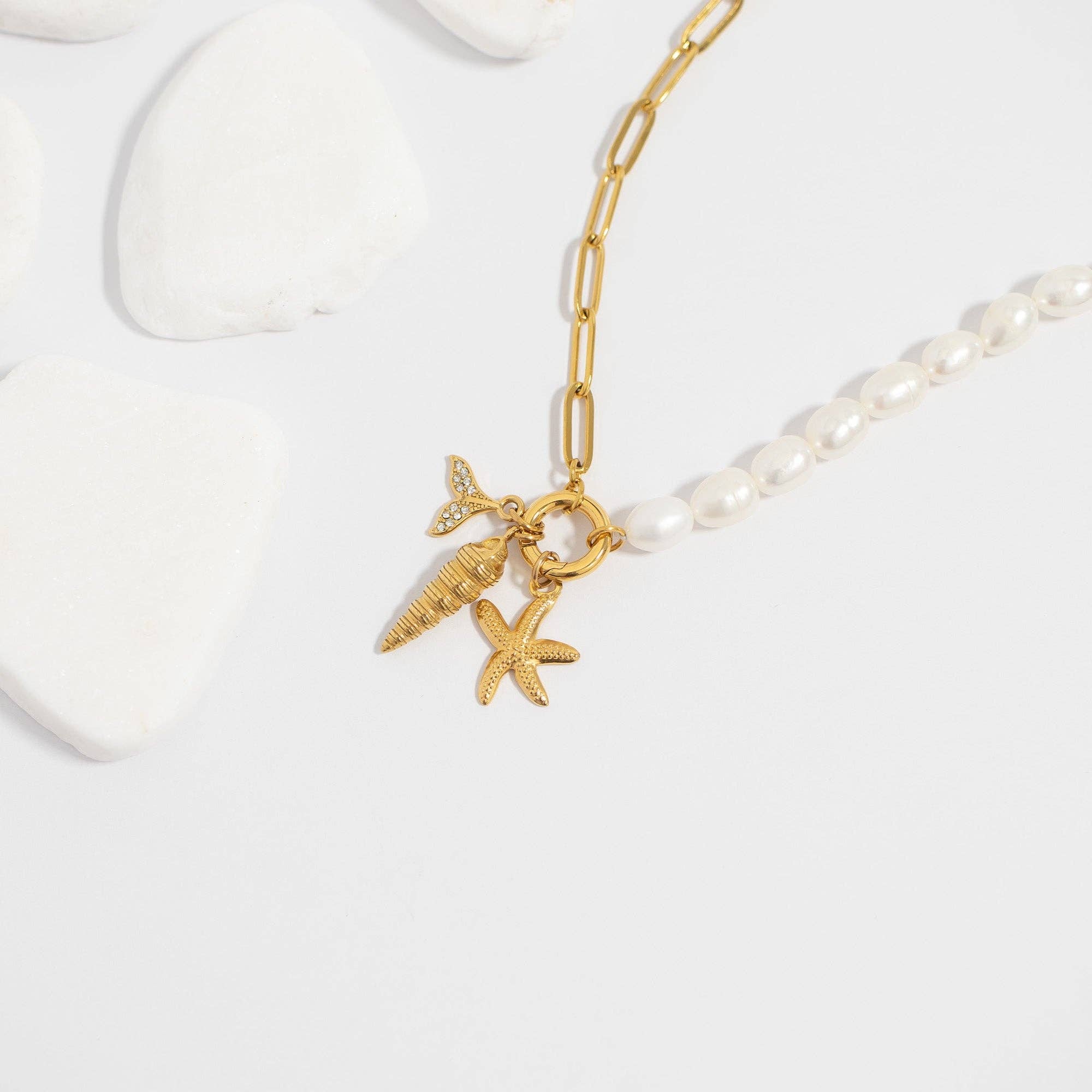 Freshwater Pearl Paperclip Split Chain Charm Holder Necklace: Gold