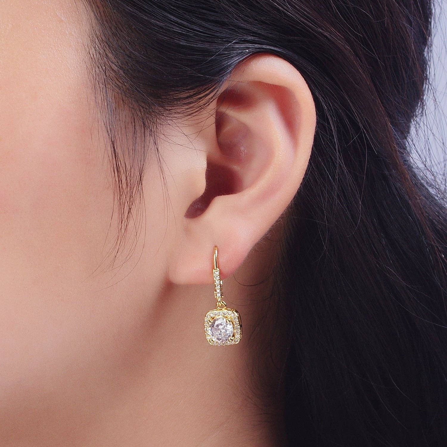 Gold Micro Paved Square Cubic Zirconia Hoop Charm Drop Earrings | Y074