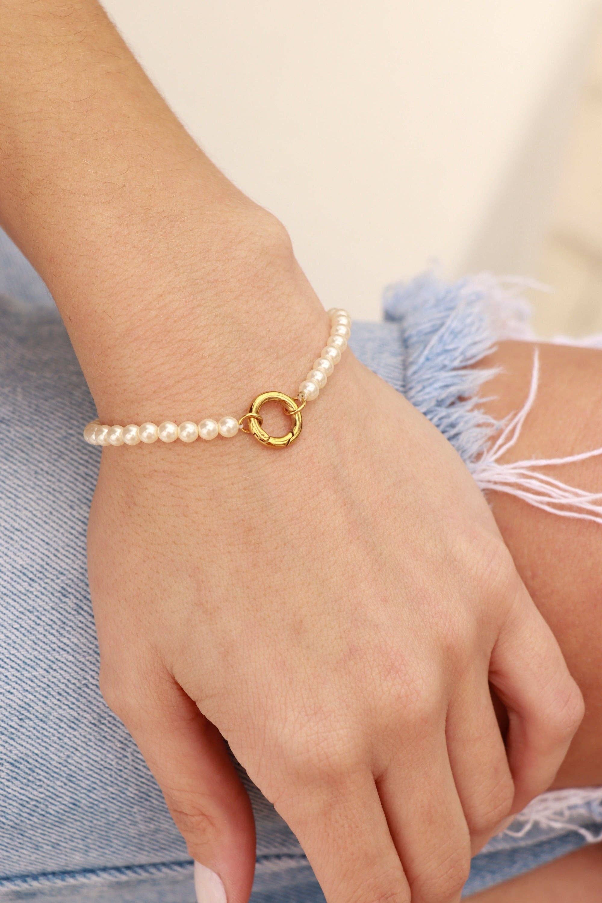 Beaded Pearl Charm Holder Bracelet: Kiska / Gold