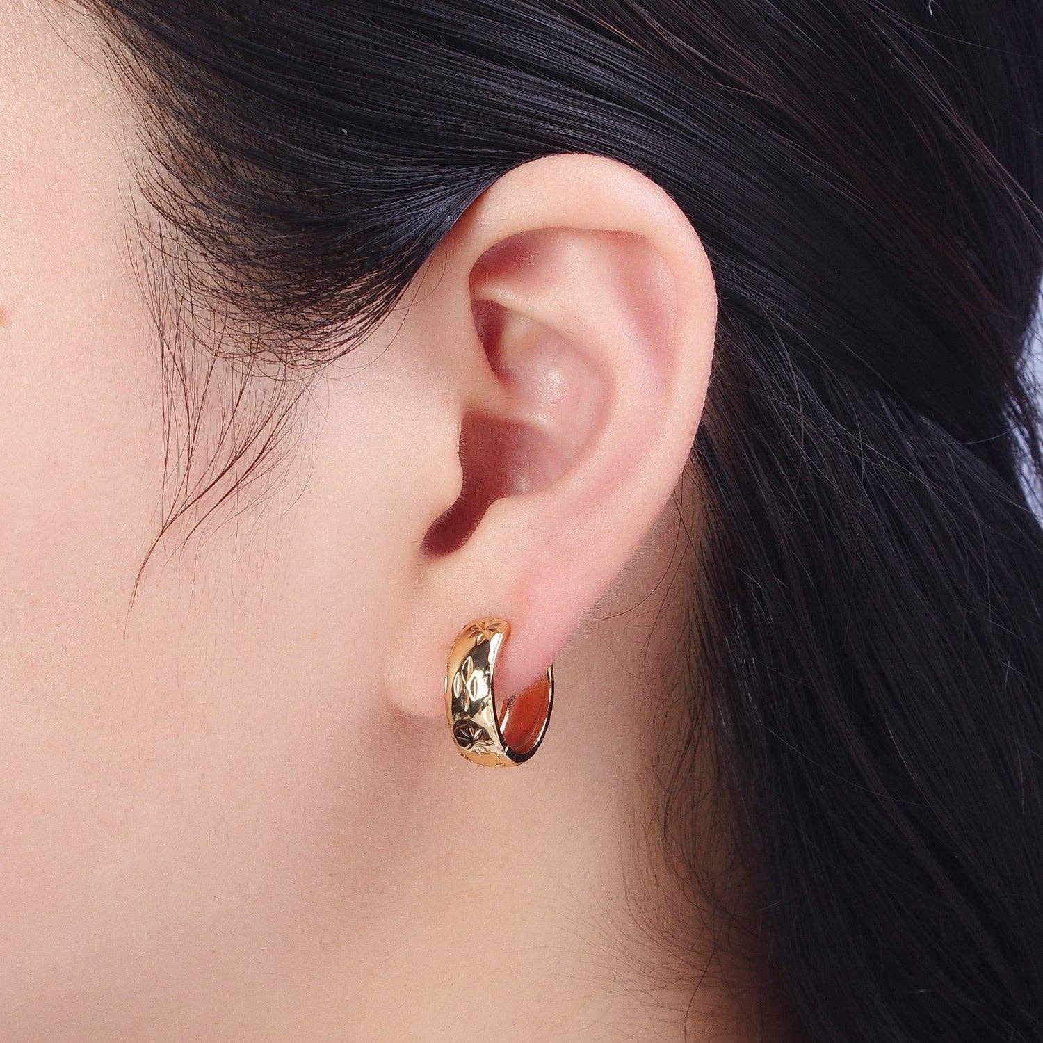 Gold Earrings with Textured North Star Carved Wide Small Huggie Hoop Earrings - X828