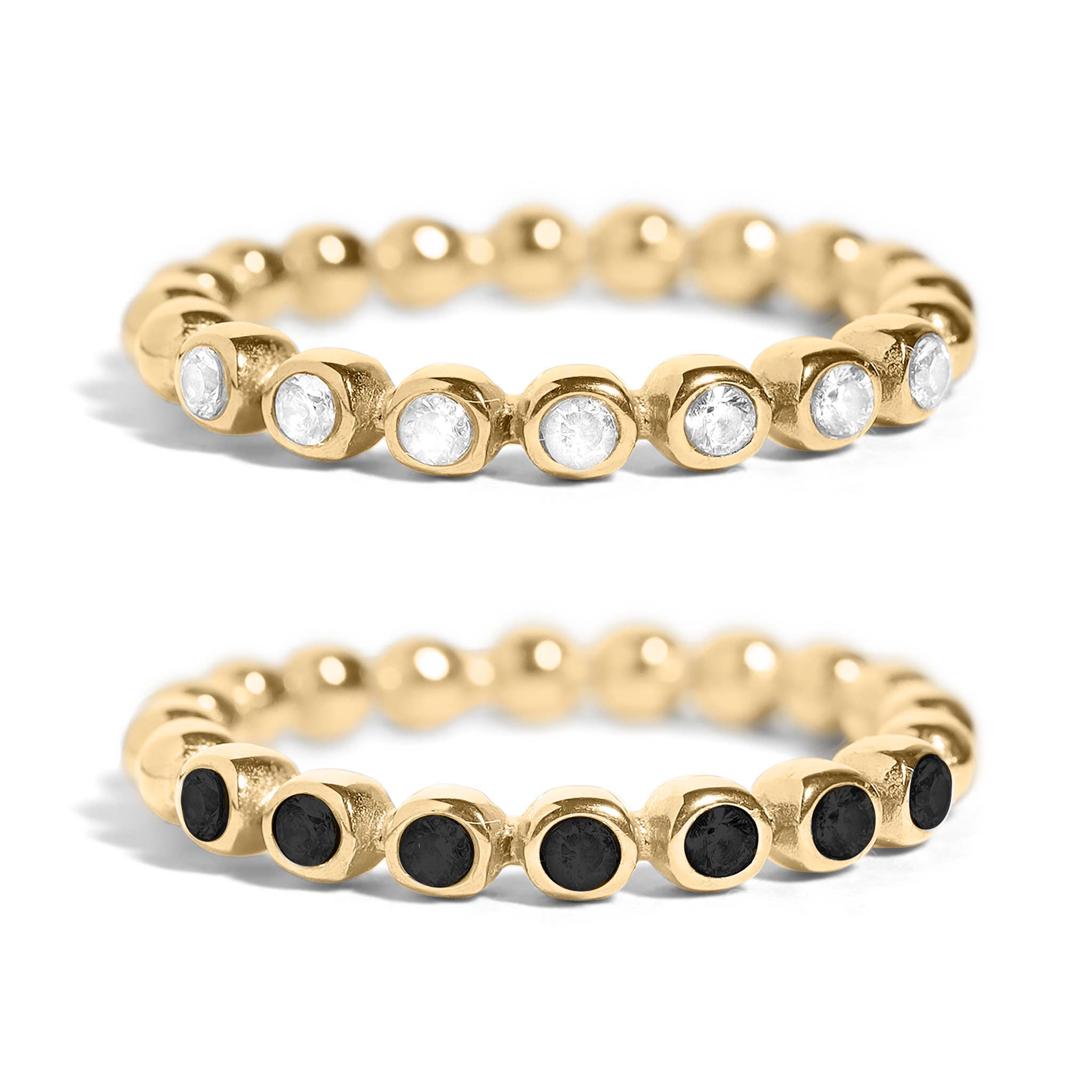 18k Gold PVD Coated Beaded Stainless Steel CZ Stacking Ring: Black / 7