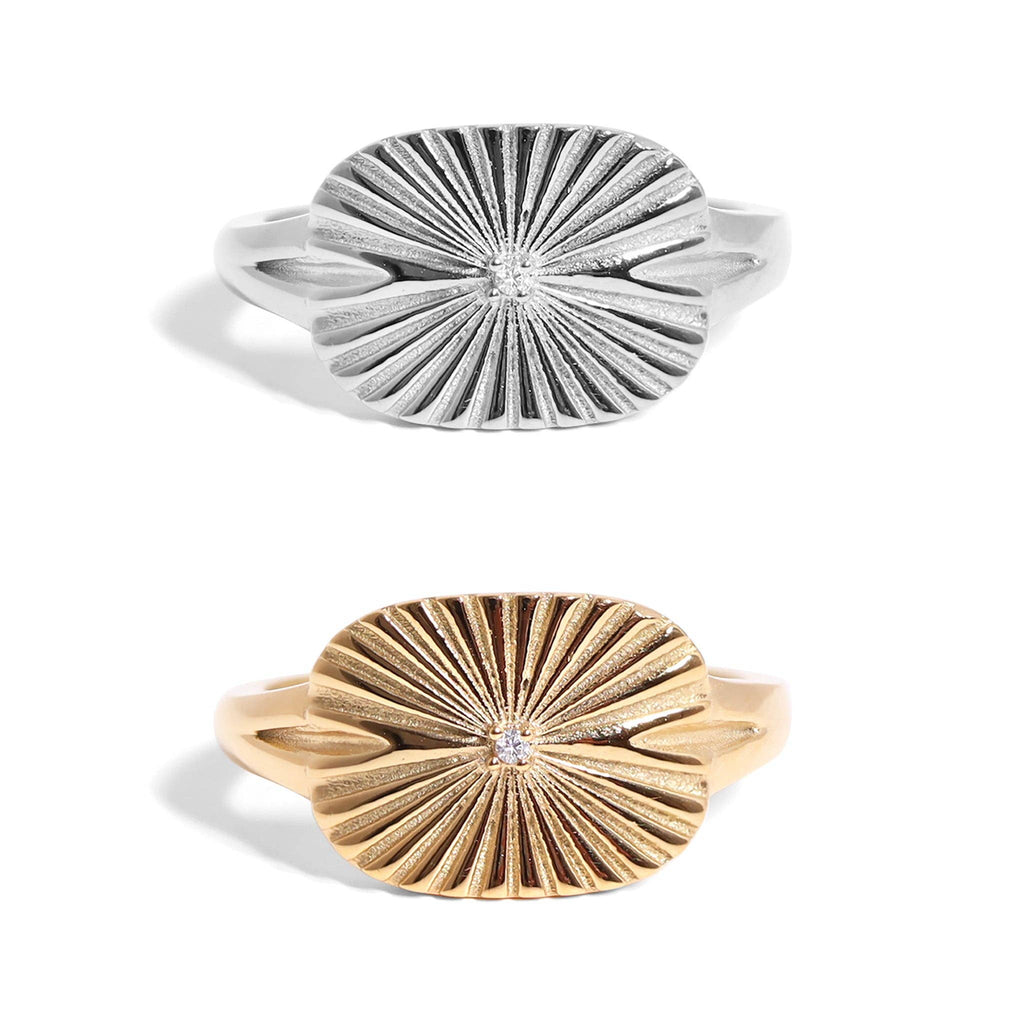 Gold Stainless Steel Cubic Zirconia Sunburst Rectangle Ring: Gold / 7