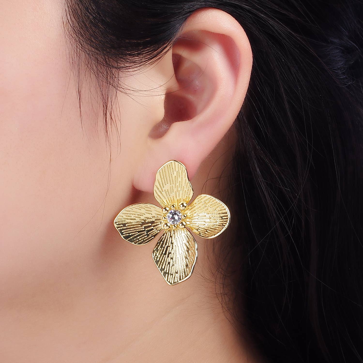 14K Gold Filled 40mm Clear CZ Line-Textured Flower Earrings