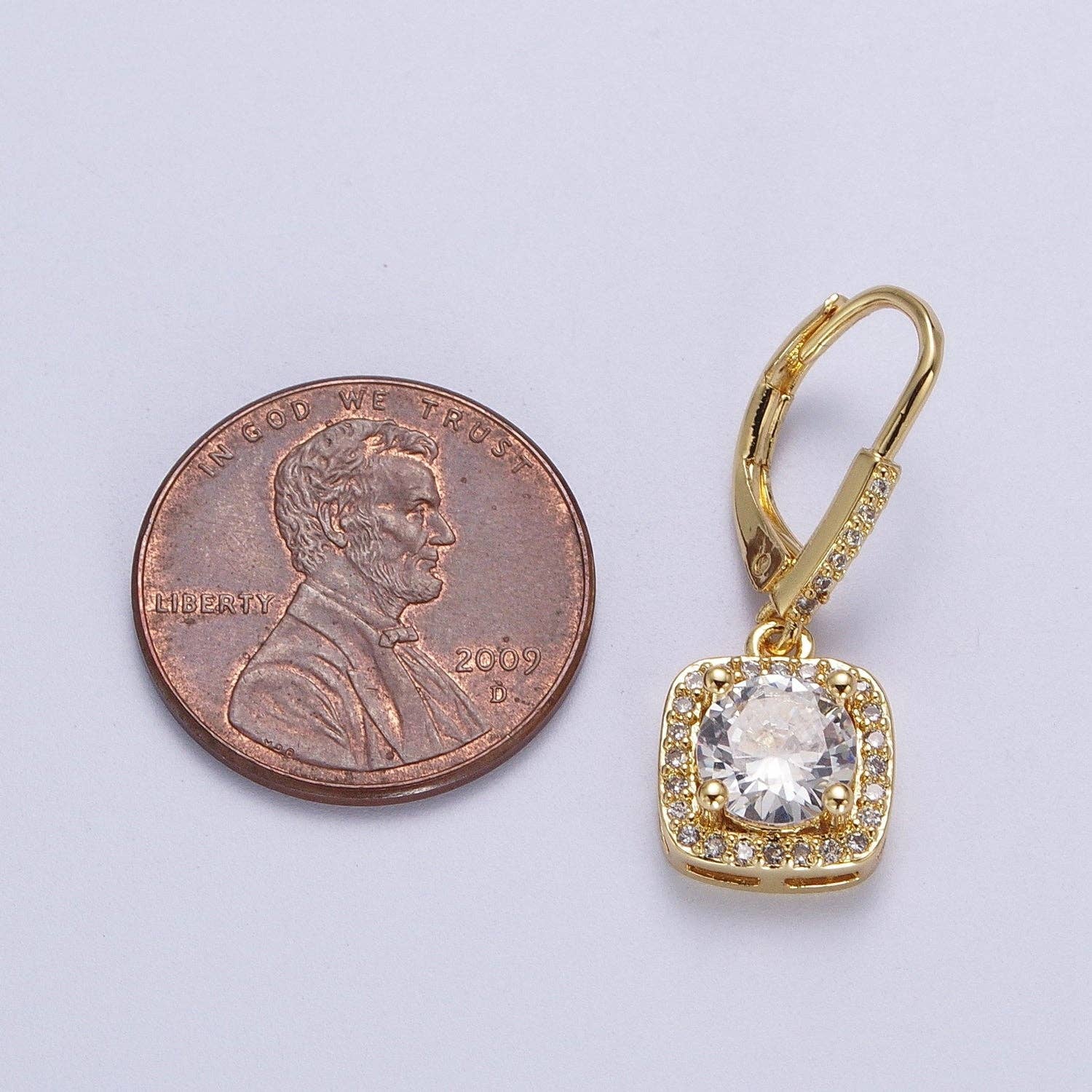 Gold Micro Paved Square Cubic Zirconia Hoop Charm Drop Earrings | Y074