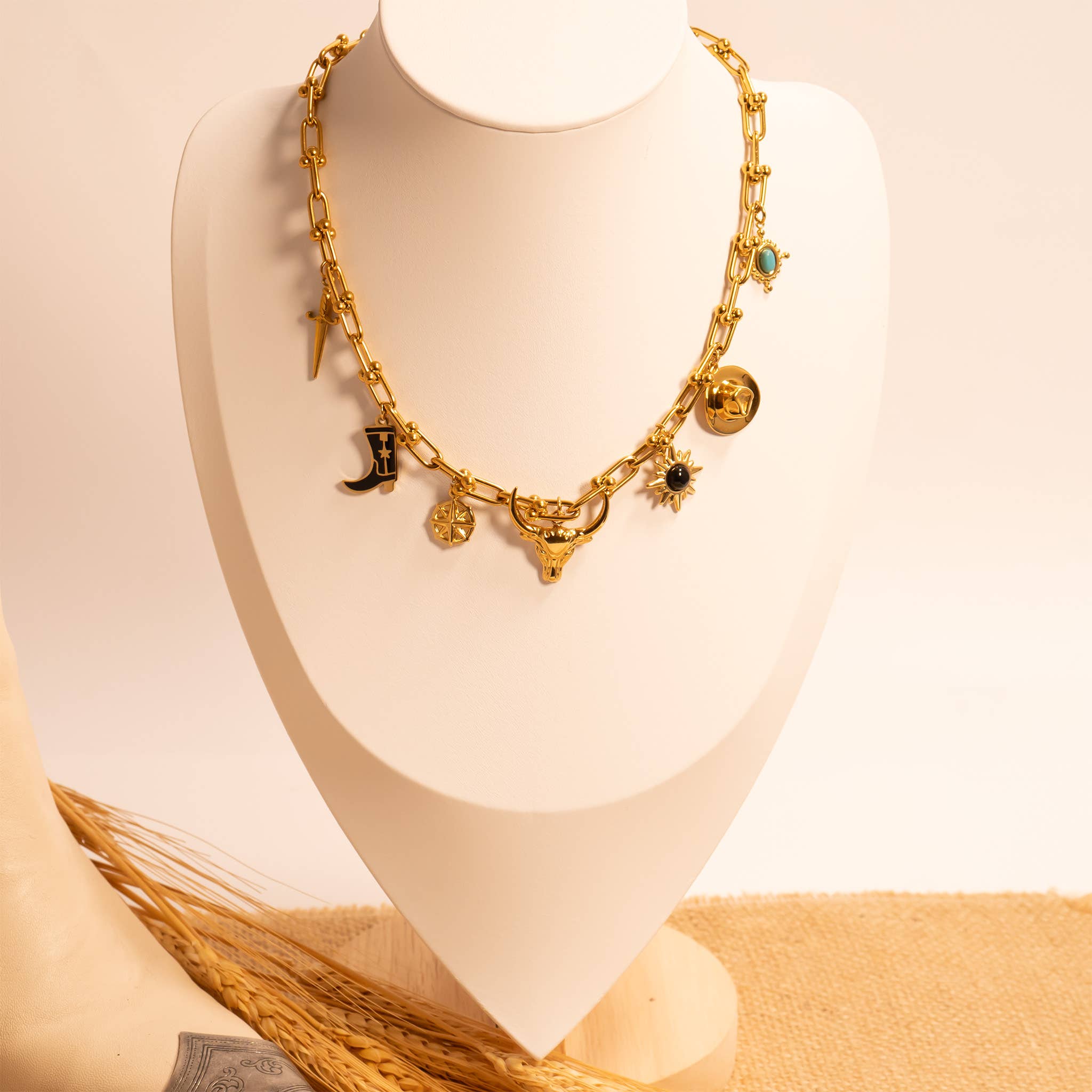 18K Gold PVD Stainless Steel Black Stone Sunflower Charm: Gold