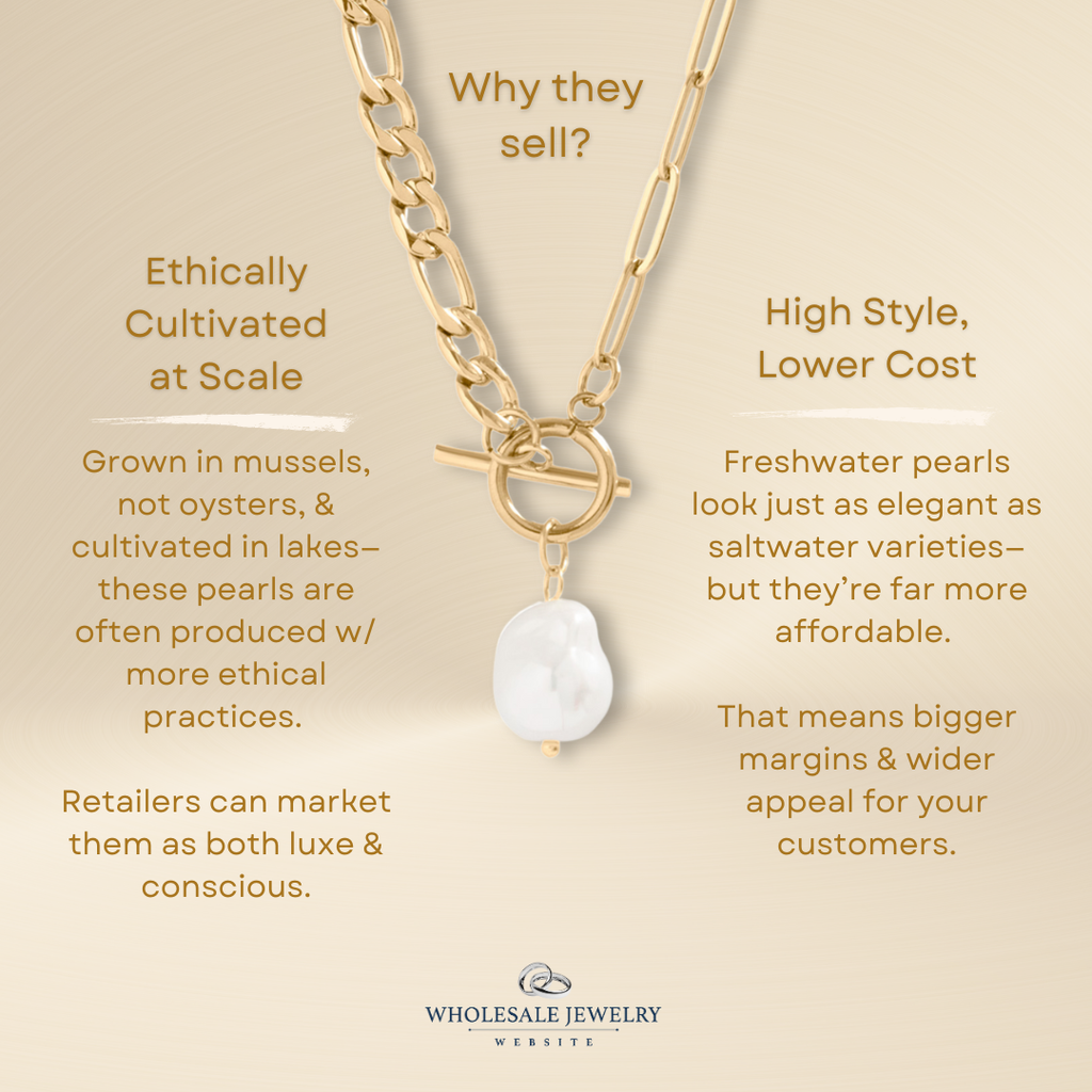 Freshwater Pearl Paperclip Split Chain Charm Holder Necklace: Gold