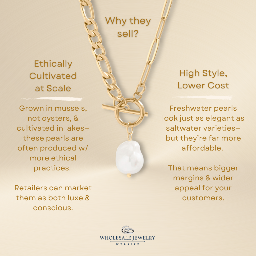 Freshwater Pearl Paperclip Split Chain Charm Holder Necklace: Gold