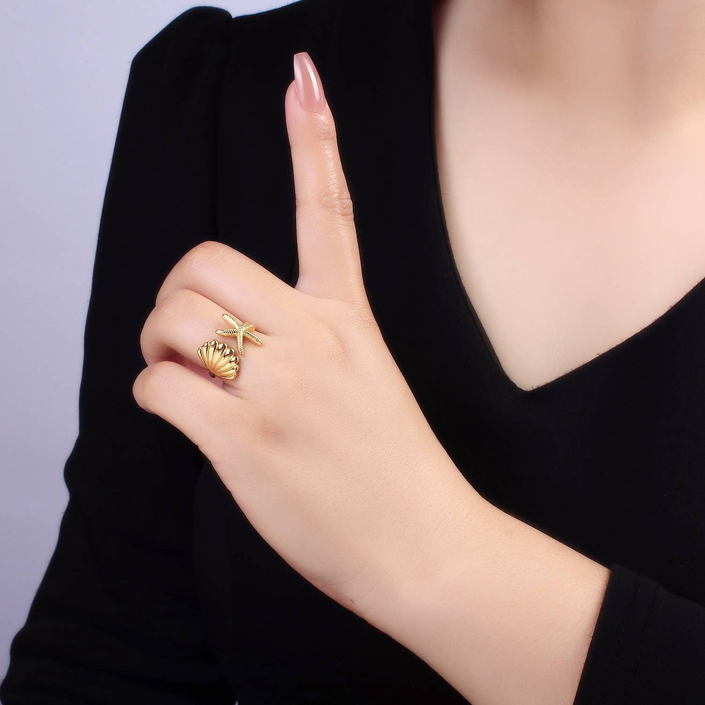 The Ariel Gold Clam Shell Star Fish Beach Adjustable Ring