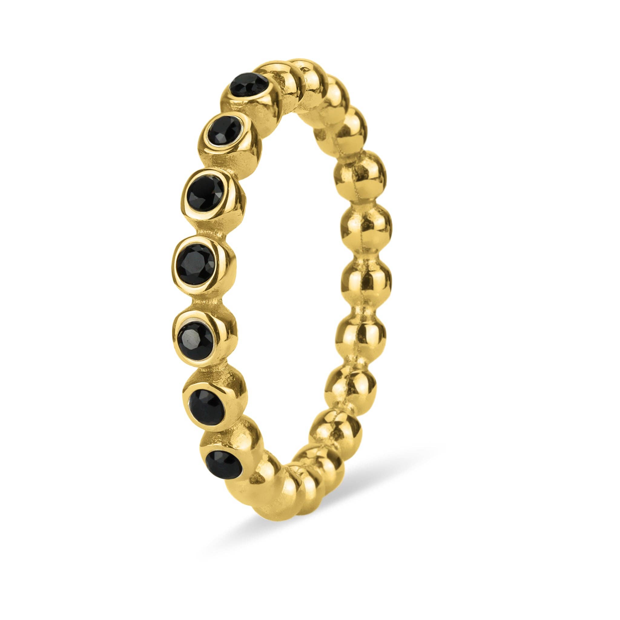 18k Gold PVD Coated Beaded Stainless Steel CZ Stacking Ring: Black / 7