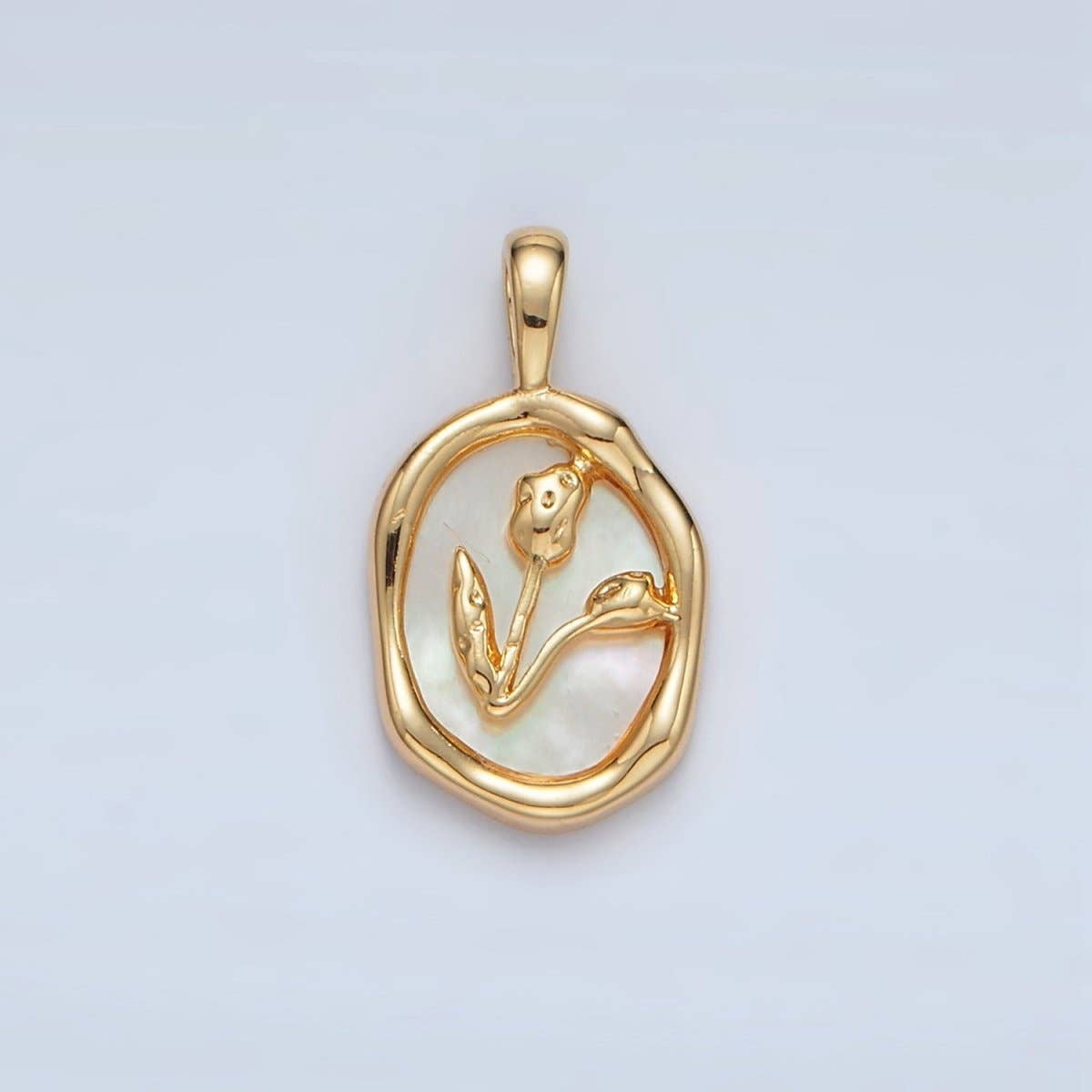 24K Gold Filled Tulip Flower Shell Pearl Molten Stamped Oval Pendant | AA1515