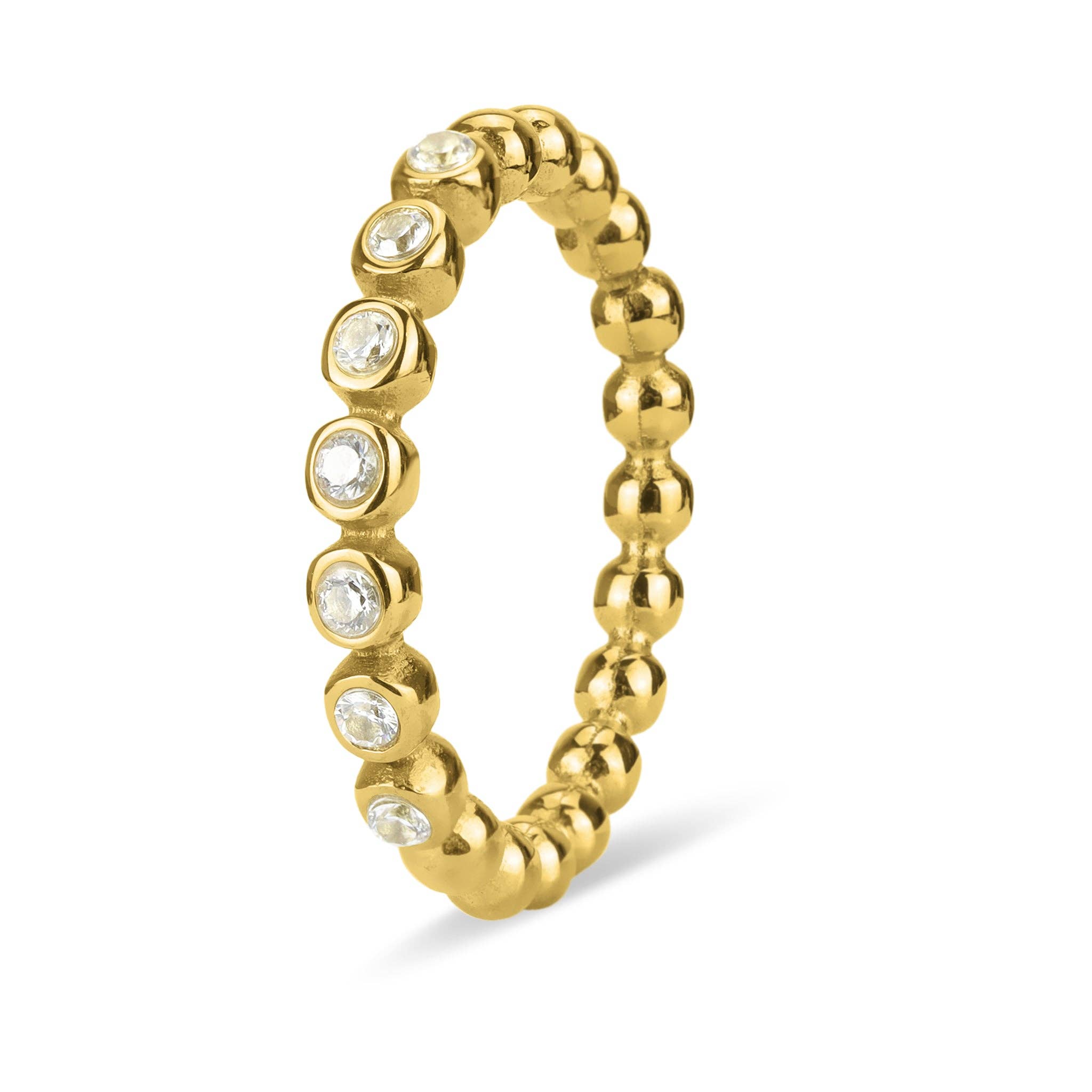18k Gold PVD Coated Beaded Stainless Steel CZ Stacking Ring: Clear / 7