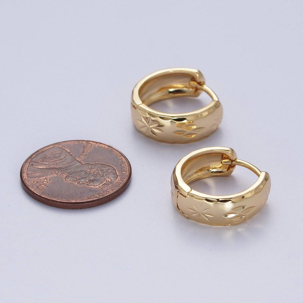 Gold Earrings with Textured North Star Carved Wide Small Huggie Hoop Earrings - X828