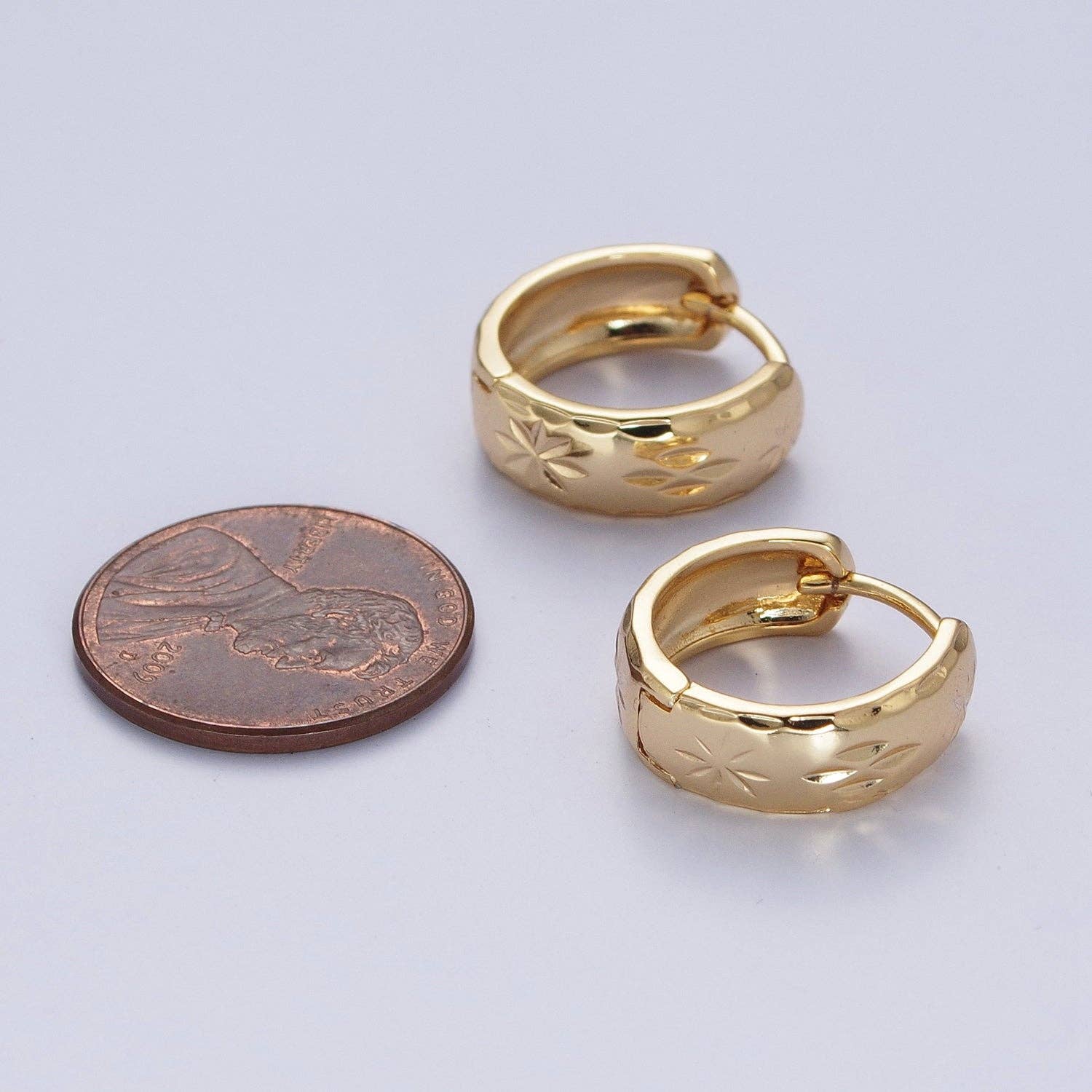 Gold Earrings with Textured North Star Carved Wide Small Huggie Hoop Earrings - X828