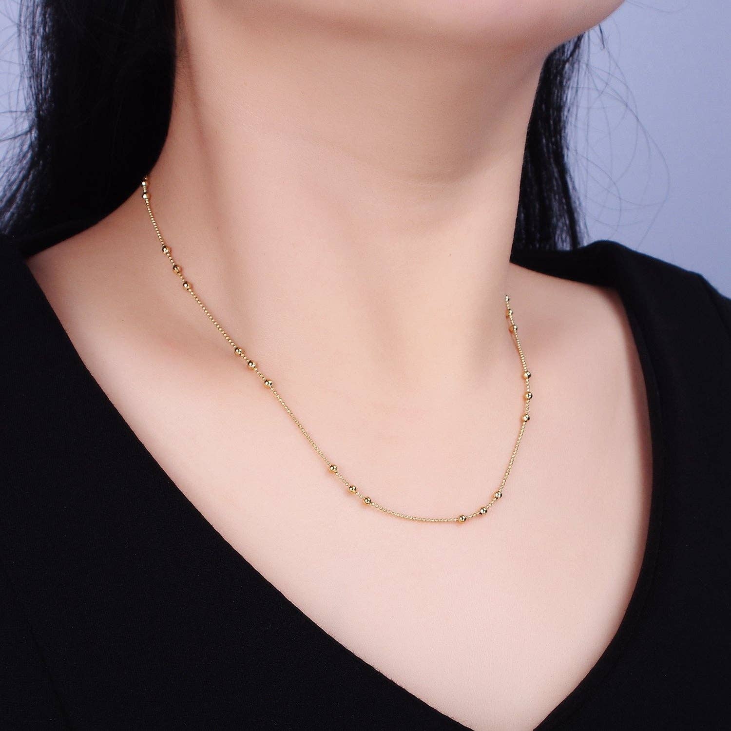 15.7" Gold Filled Beaded Satellite Chain Layering Necklace: Gold