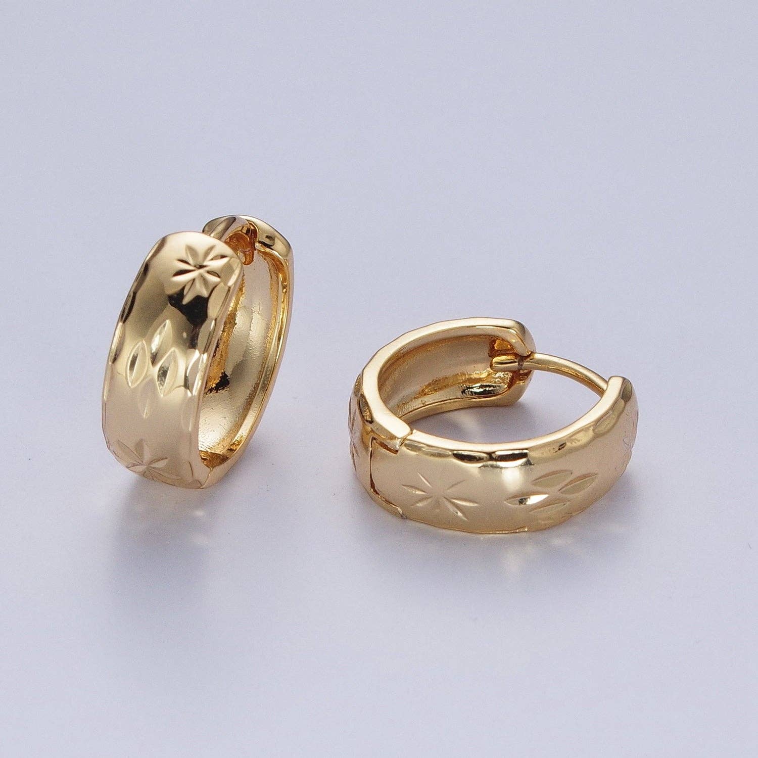 Gold Earrings with Textured North Star Carved Wide Small Huggie Hoop Earrings - X828