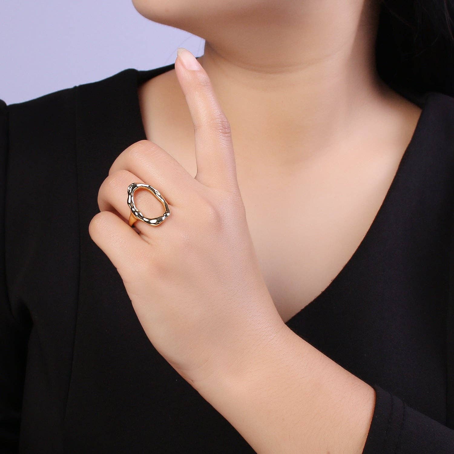 Simple Rustic Gold Oval Ring Hammered Chunky Geometric Jewel