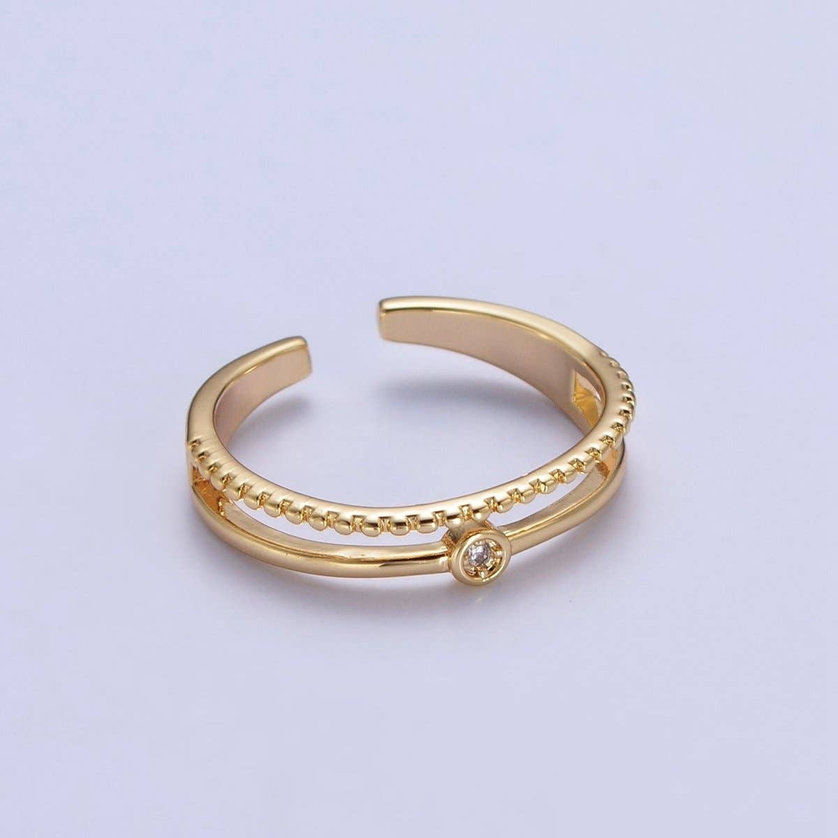 OS 24K Gold Filled Double Band Beaded & Clear Cubic Zirconia Stone Adjustable Gold Ring | U-030