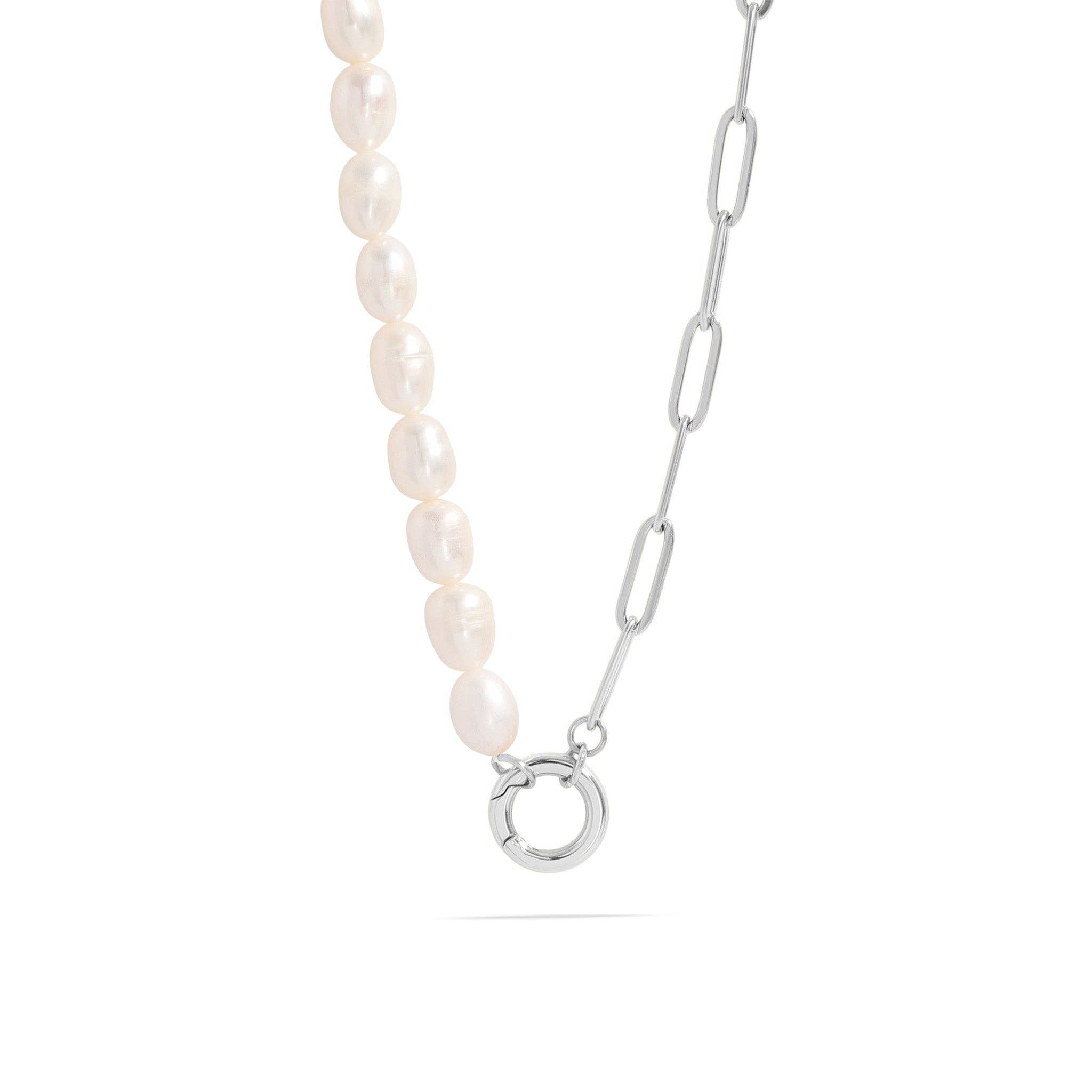 Freshwater Pearl Paperclip Split Chain Charm Holder Necklace: Gold