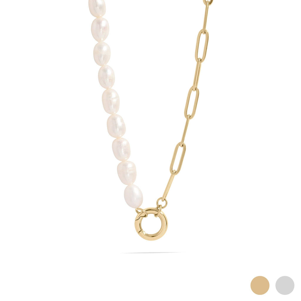 Freshwater Pearl Paperclip Split Chain Charm Holder Necklace: Gold