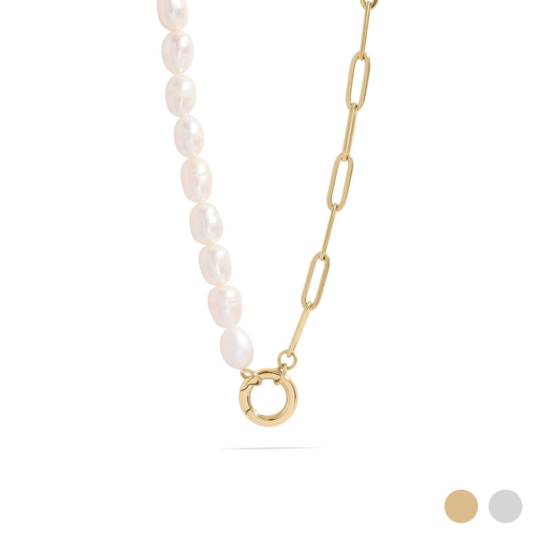Freshwater Pearl Paperclip Split Chain Charm Holder Necklace: Gold